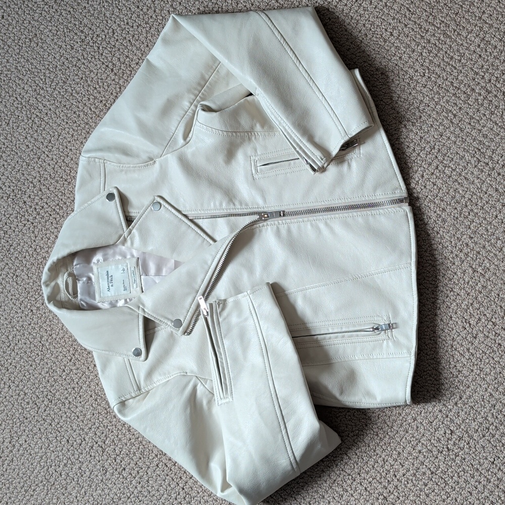 ABERCROMBIE & FITCH Women's L Jacket Cream White Vegan Leather Moto Biker - Picture 11 of 11